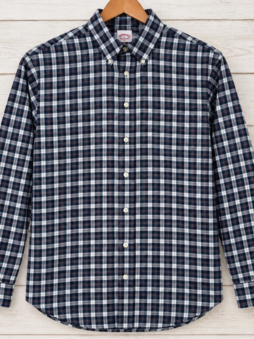 Brooks Brothers flannel Navy, White & Light Blue Plaid Button-Down Shirt